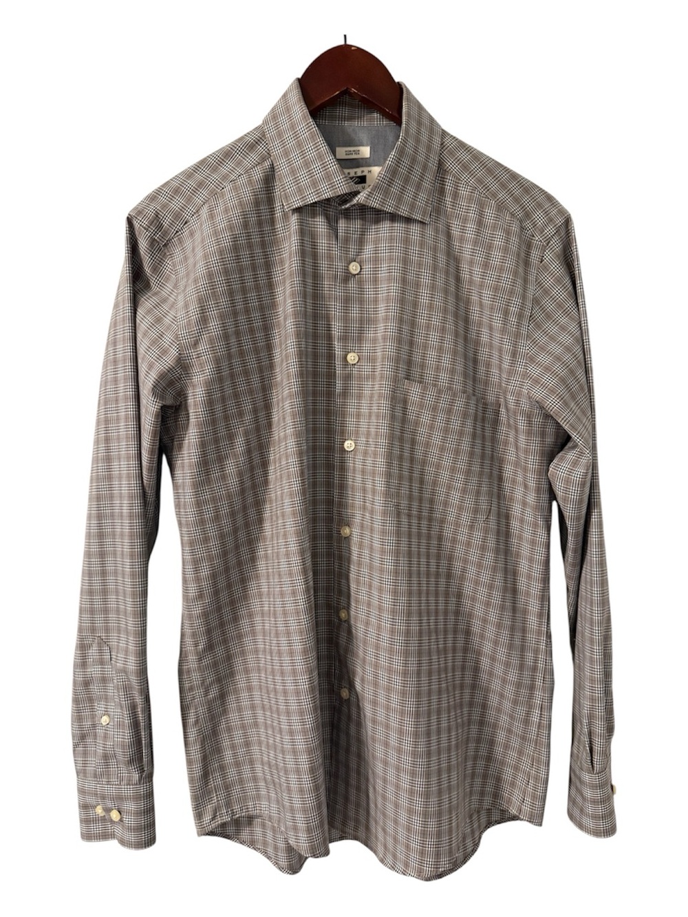 Joseph Abboud Men’s Non-Iron Dress Shirt Gray Brown Plaid 100% Cotton Medium